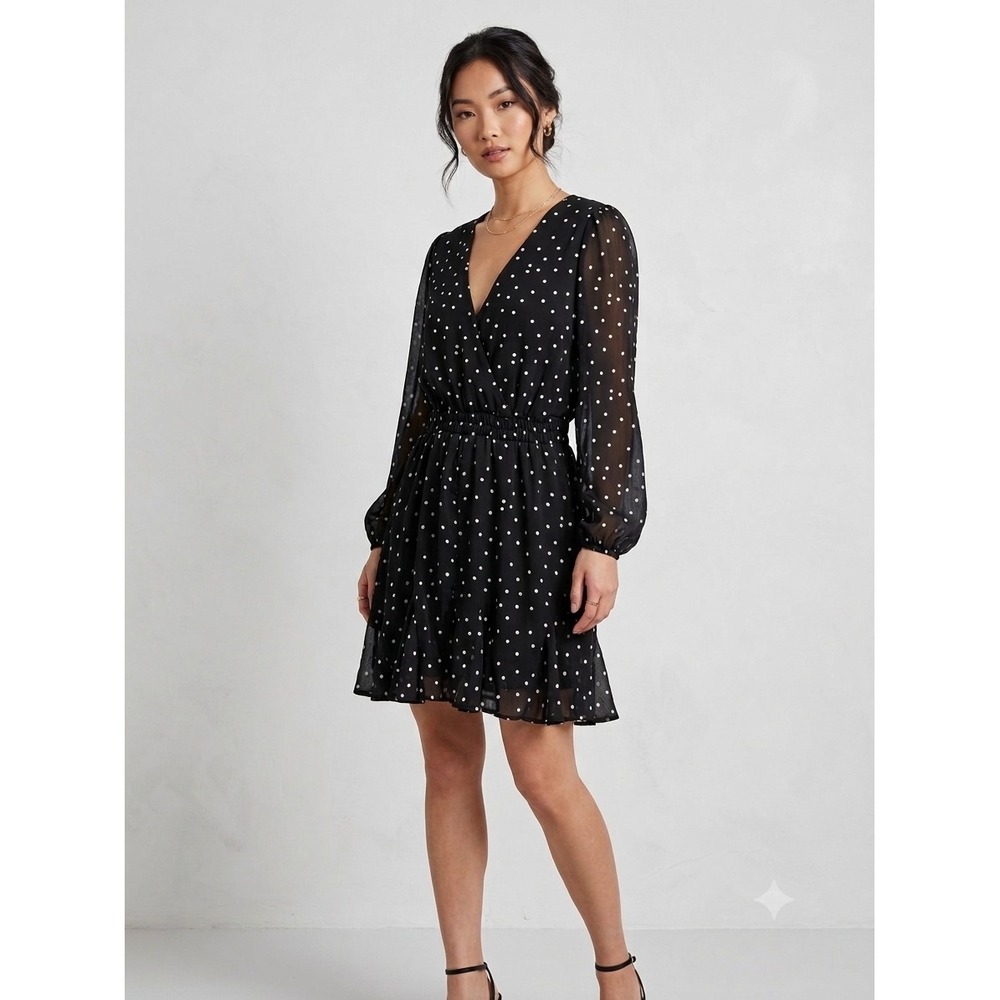 Mi Ami Polka Dot Long Sleeve Mini Dress Black White Ruffle Hem Small